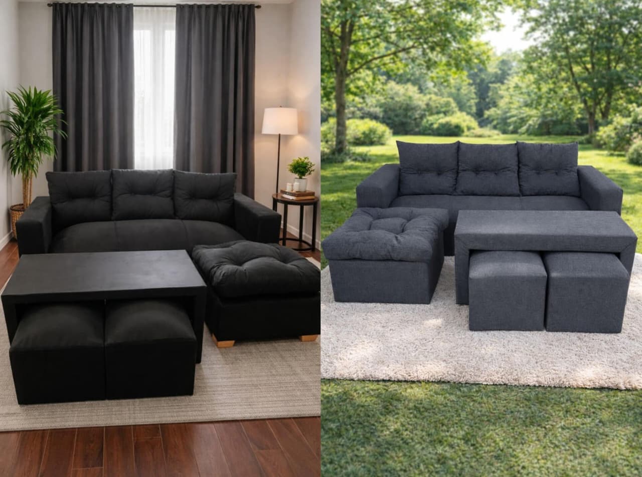 Juego de Living Sofá 3 Cuerpos + 2 Pufs Negro