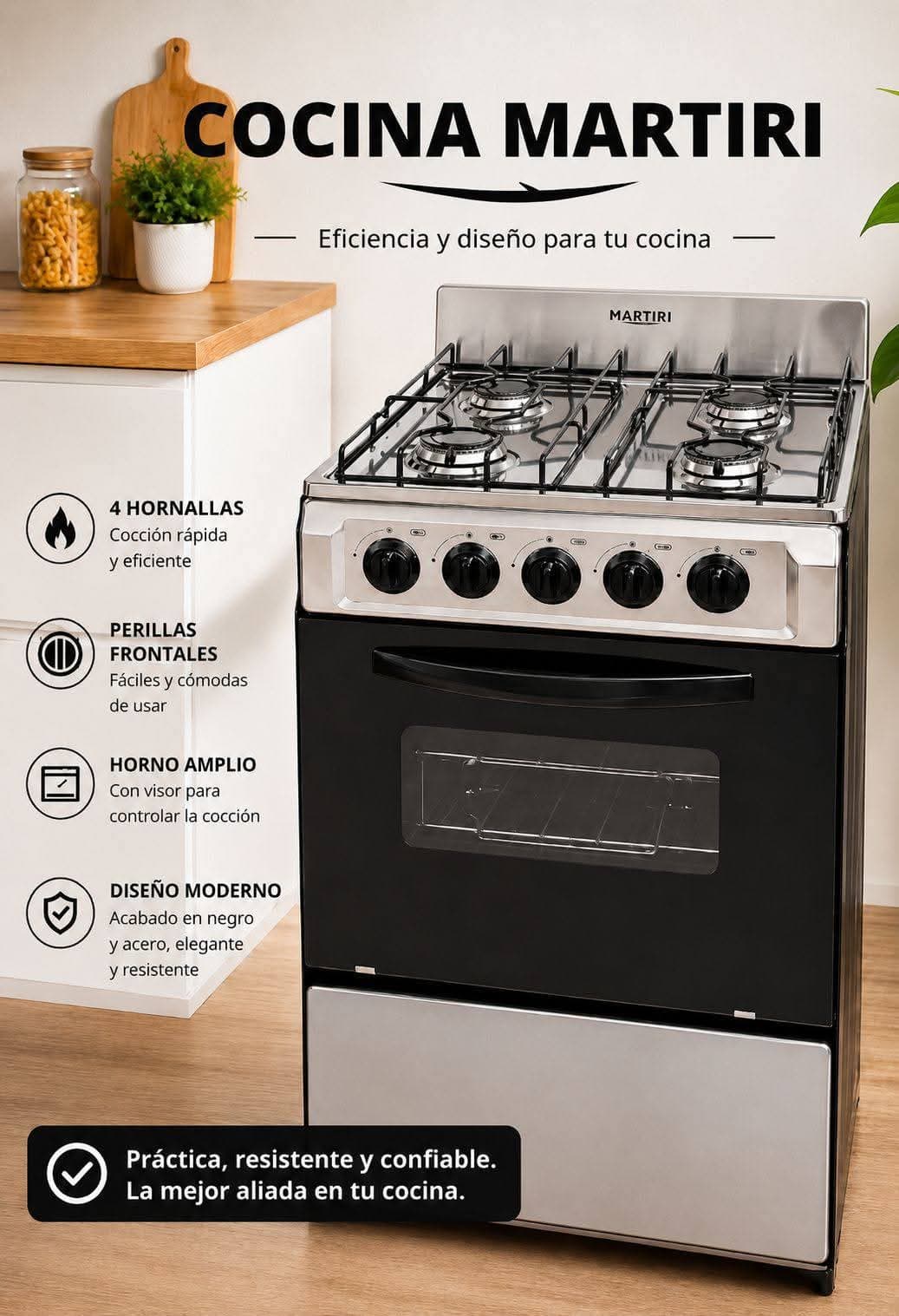 Cocina a Gas Martiri 4 Hornallas con Horno Negro